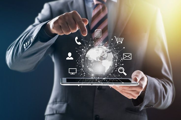 Businessman holds digital table press info graphic icon of community technology digital_Concept Communication Network